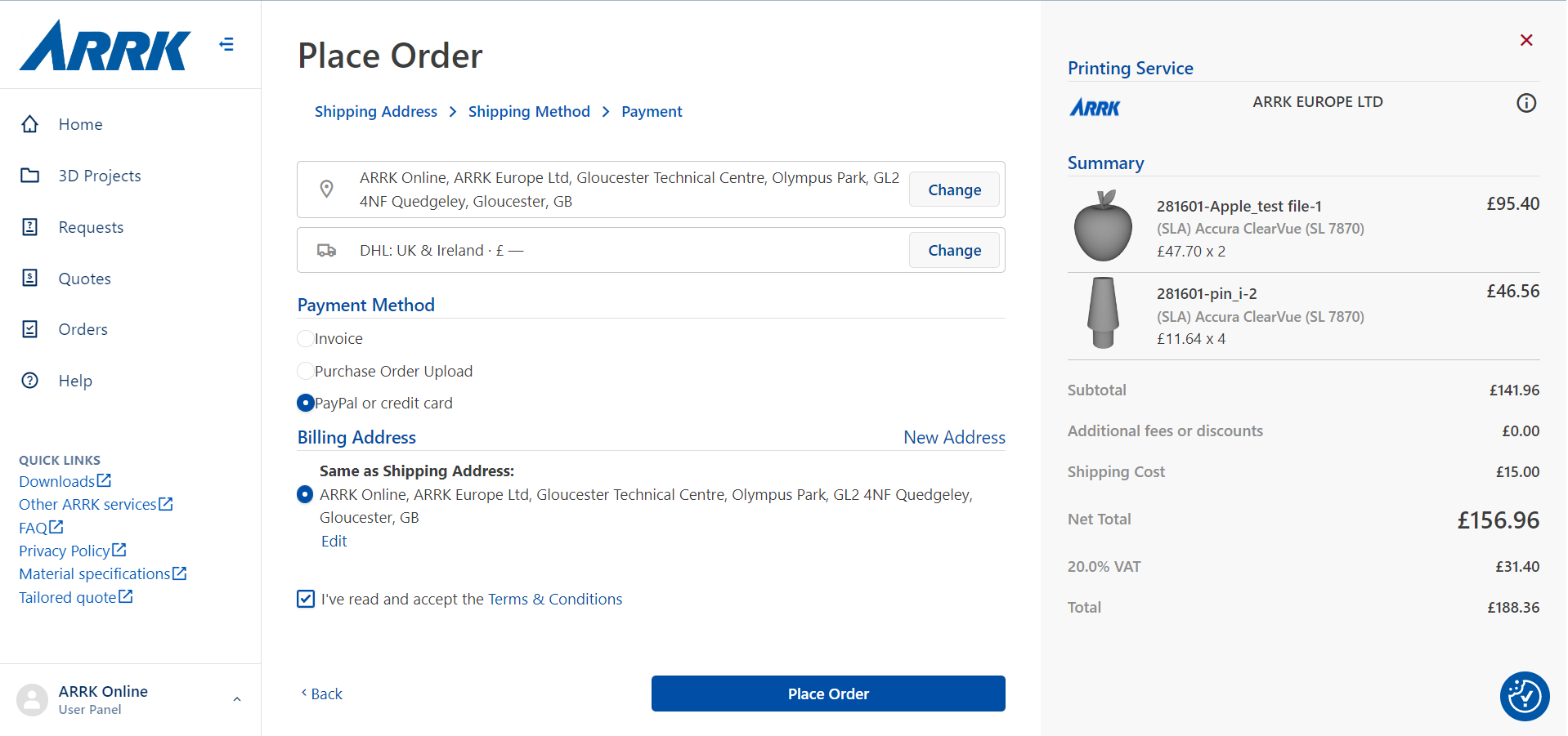 online order summary screen for Arrk 3D printed prototype