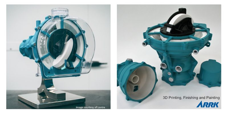3D printed compressor model : SLS painted green part and clear SLA cover ©LONTRA